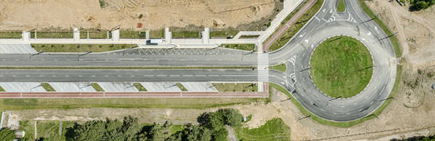 traffic roundabout under construction. aerial panoramic view. stock photo