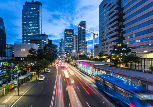 Traffic rushes in Jakarta business in Indonesia capital city stock photo