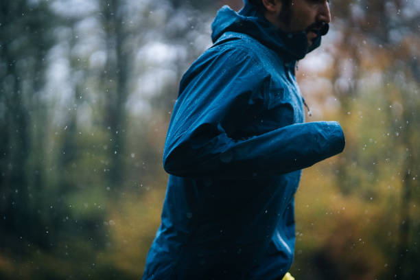 Trail runners runs through forest on rainy day stock photo