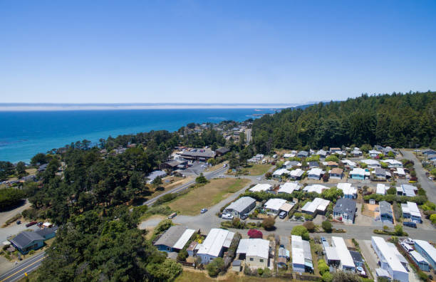 Trailer Park by Pacific Ocean in California, Aerial Drone view. stock photo