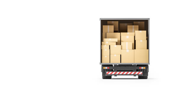 Trailer with cardboard boxes, ready for shipment. Mockup stock photo