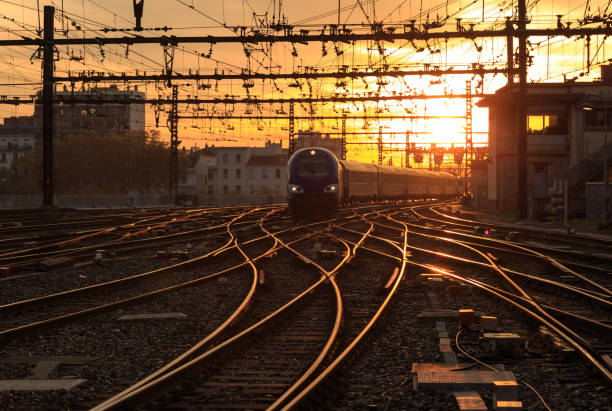 Train at dusk stock photo