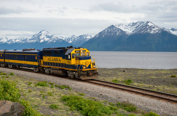 Train Between Anchorage and Girdwood in Alasta stock photo