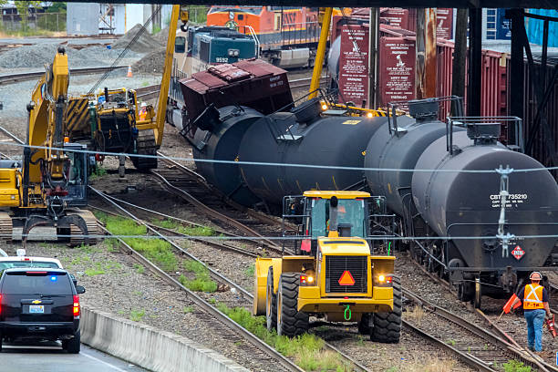 Train Cars Carrying Oil Derailed stock photo