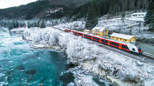 Train Oslo - Bergen in mountains. Hordaland, Norway. stock photo