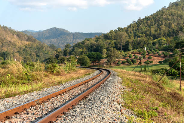 Train rail railway for transport path to mountains and forest stock photo
