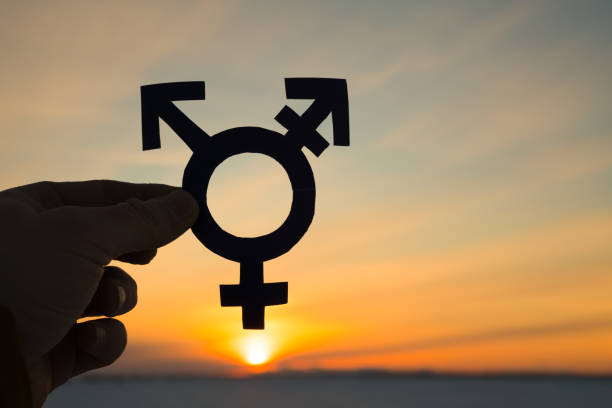 Transgender symbol in the hand of a man against the background of the sunset stock photo