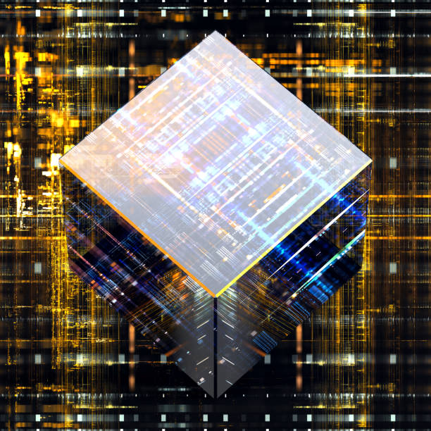 Transparent quantum computer standing on a corner, with golden electronic background 3d rendered image quantum computing stock pictures, royalty-free photos & images