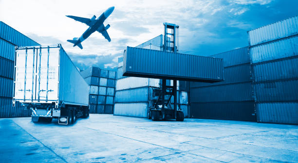 Transportation Logistics of international container cargo shipping and cargo plane in container yard, Freight transportation, International global shipping stock photo