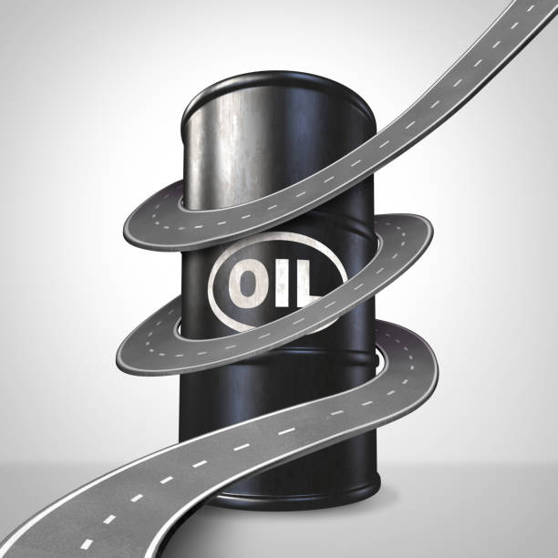 Transportation Oil Symbol Transportation oil symbol as Increasing price fuel concept and a gasolene drum with a highway or rad wrapped around the energy icon as a metaphor for rising costs of gas as a 3d render. oil finance market stock pictures, royalty-free photos & images