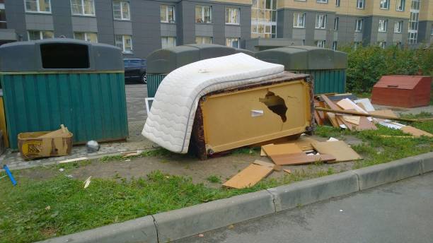 Trash container and garbage near apartment residential building in the city. Problem of cleaning, cleanliness and environmental protection. Messy. Real life St. Petersburg, Russia - August 24, 2019: Trash container and garbage near apartment residential building in the city. Problem of cleaning, cleanliness and environmental protection. Messy. Real life eliminate bed bug  stock pictures, royalty-free photos & images