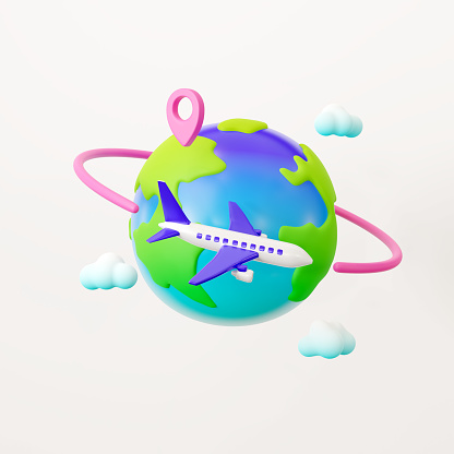 Travel around the world, airplane trip. Tourism. 3d render
