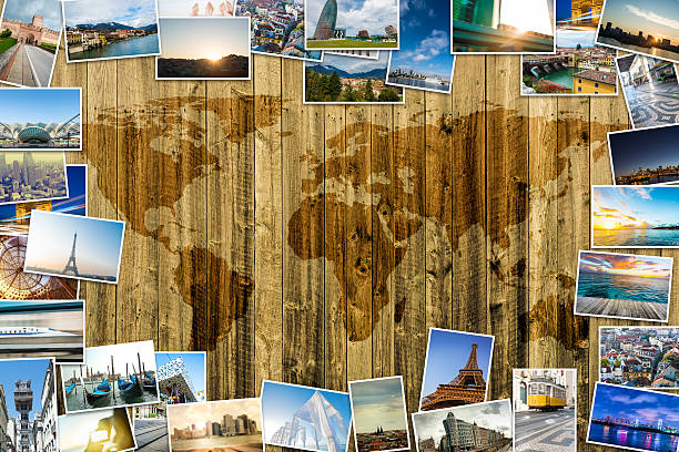 travel around the world travel photos over a wooden background with a world map on it map photos stock pictures, royalty-free photos & images