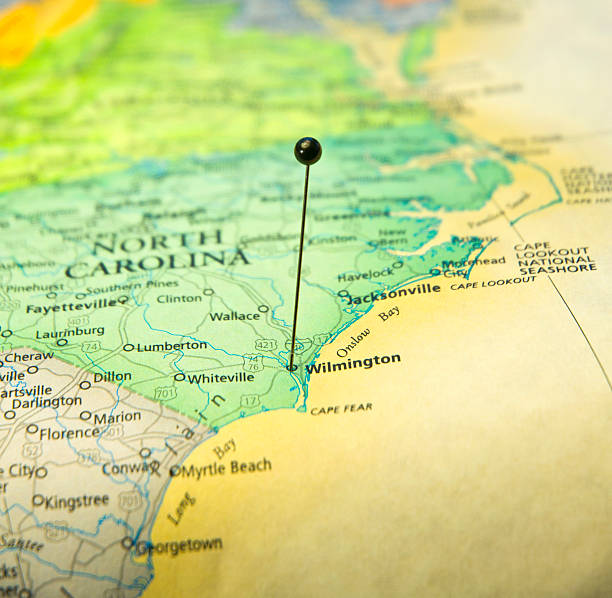 Travel Map Macro Of North Carolina Coast And Wilmington "Travel Map Macro Of North Carolina Coast And Wilmington with map pin,cape fear,morehead city" north carolina us state photos stock pictures, royalty-free photos & images