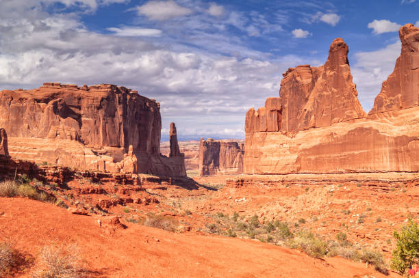 Travel through the national parks of the southwestern United States: the trail Park Avenue in the Arches national park, Utah. stock photo