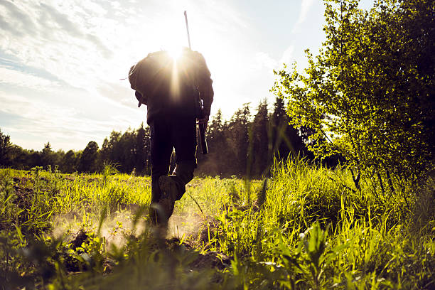 Traveler Hiking Walking Over A Grassland A man with a backpack and a walking stick is walking over a meadow near forest lit by evening sunlight.  Beautiful nature and a dynamic image breathing with the spirit of adventure. Strong sunshine is coming from behind the man's head. The dust cloud is coming from the steps on the ground. Copy space available. hunting sport stock pictures, royalty-free photos & images