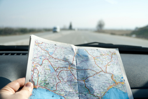 Directions on a map in a car whilst traveling