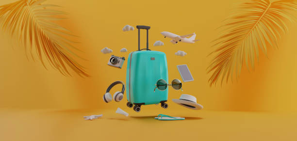 Traveling suitcase with travel accessories. stock photo