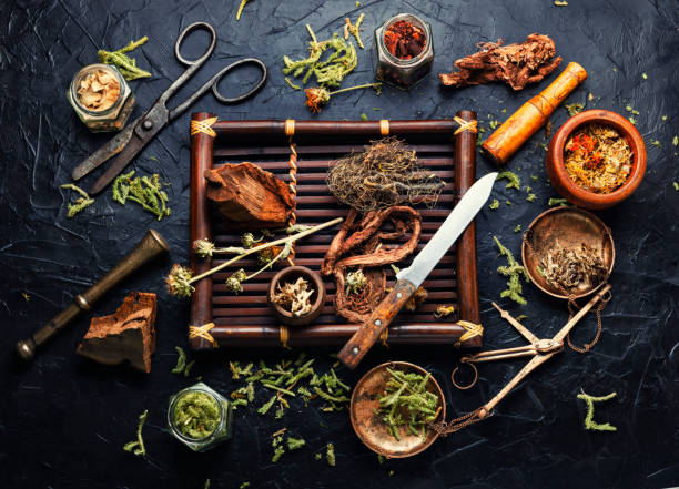 Tray with healing herbs. stock photo