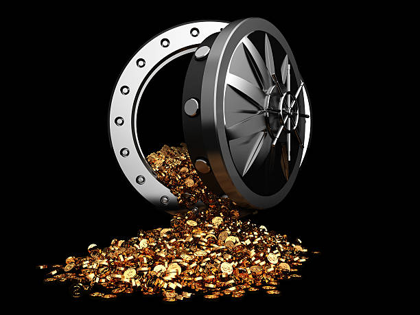 treasure 3d illustration of vault door and golden coins safes and vaults stock pictures, royalty-free photos & images