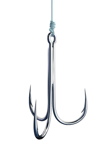 Treble Fishing Hook Treble fishing hook isolated on white background. Symbol of temptation or entrapment. 3D rendered illustration. hook stock pictures, royalty-free photos & images