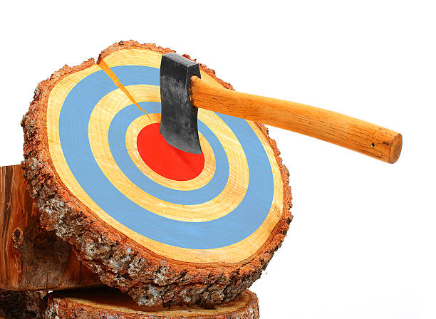 Tree cut and axe in the target. Tree cut and axe in the target isolated on white background. Firewood as a renewable resource of a energy. Success concept. throwing stock pictures, royalty-free photos & images