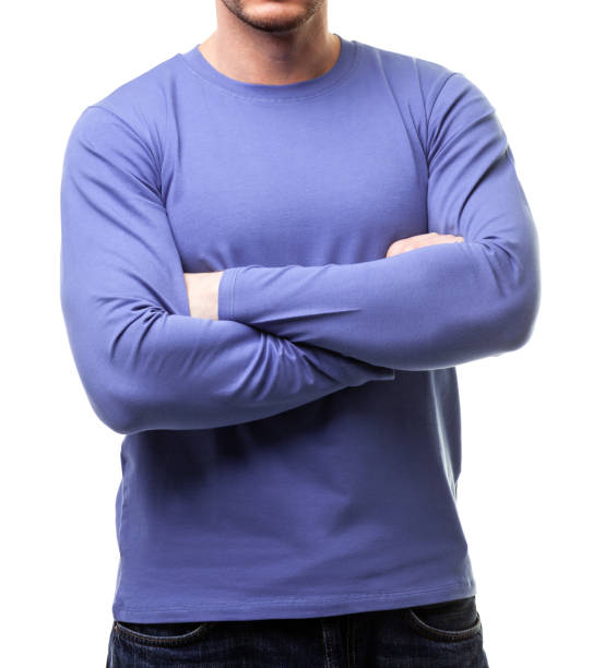 Trendy color 2022 shirt on young man with crossed arms template on white background stock photo