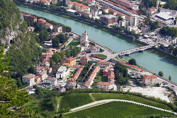 Trento,Italy and River Adige stock photo