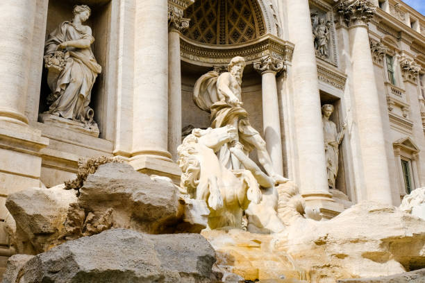 trevi fountain, central figure of neptune or ocean. beautiful baroque fontana di trevi by nicola salvi - neptun planet imagens e fotografias de stock