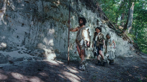 stamm der jäger-sammler tragen tierhaut leben in einer höhle. zubereitung von lebensmitteln, gebäude bonfire, griff häute, arbeiten, jagen. glückliche neandertaler-familie an der morgendämmerung der menschlichen zivilisation - neandertaler stock-fotos und bilder