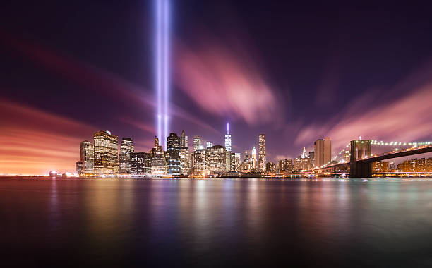Tribute lights,Manhattan New York Tributes lights over the skyline of Manhattan, New York on Memorial day 9-11-2014 september 11 2001 attacks stock pictures, royalty-free photos & images