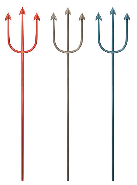 Trident "Three tridents in red,gray,blue.Could be a useful element in a design or used as is.The trident is associated with Poseidon,Neptune and the devil.This is a detailed 3d rendering." trident spear stock pictures, royalty-free photos & images