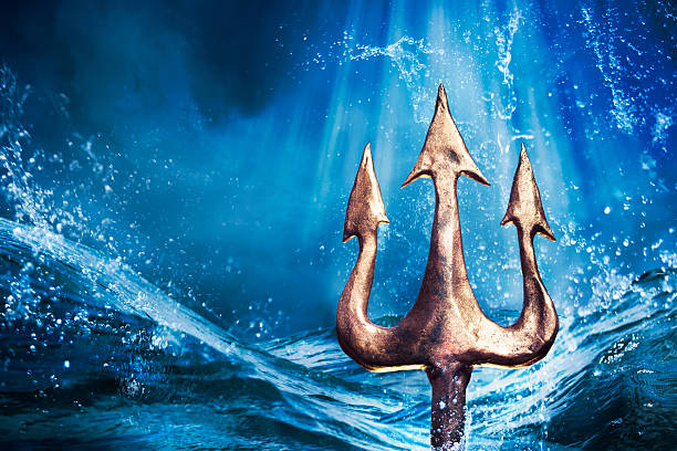 Trident with stormy ocean background Poseidon's trident emerging from the sea, Photo composite neptune roman god stock pictures, royalty-free photos & images