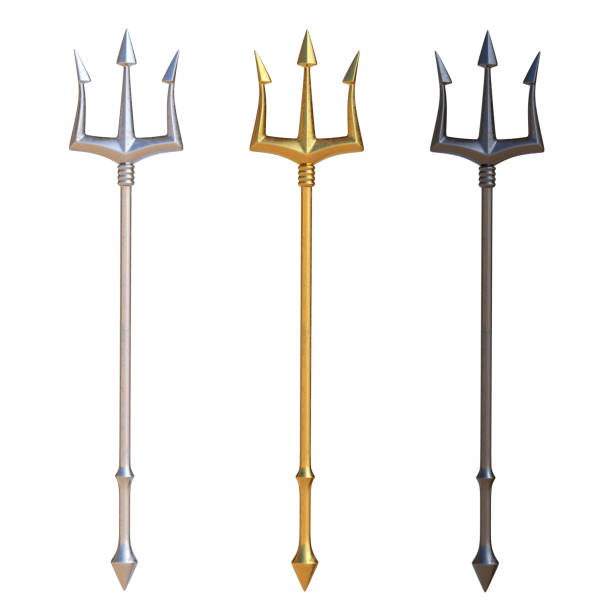 Tridents, silver, golden and black metal, isolated on white background Tridents, silver, golden and black metal, isolated on white background, 3d rendering trident spear stock pictures, royalty-free photos & images