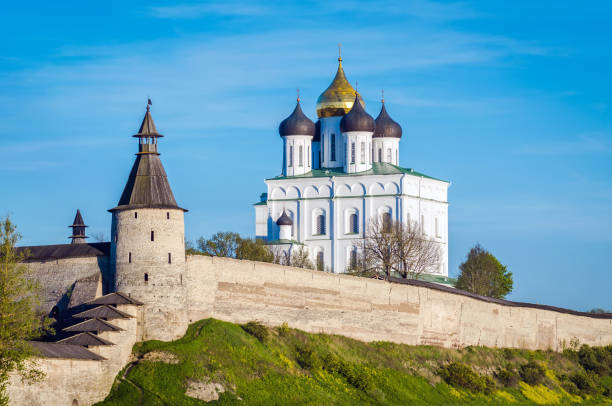 Trinity cathedral Pskov Trinity cathedral Pskov. Pskov Kremlin Russia. Ancient fortress on the river bank. Pskov day time. pskov russia stock pictures, royalty-free photos & images