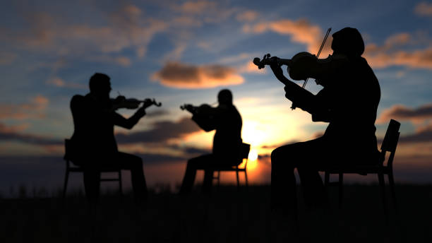 Trio of violin players sitting on chair and performing music outdoor with great view and sea 3d rendering stock photo