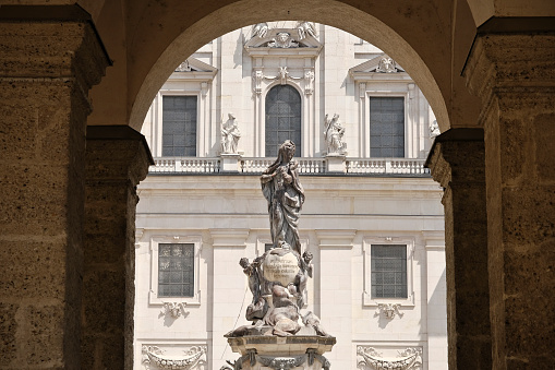 The Marian Column (statue of the Immaculata), built in the 18th century in front of the west facade of Salzburg Cathedral.