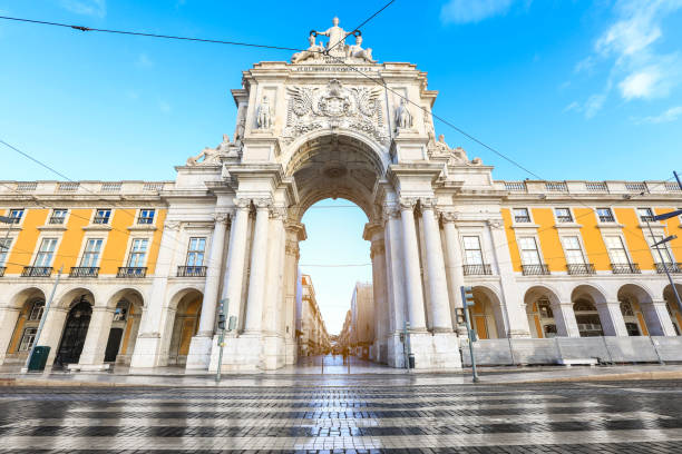 Triumphal Arch on Commerce Square in Lisbon stock photo