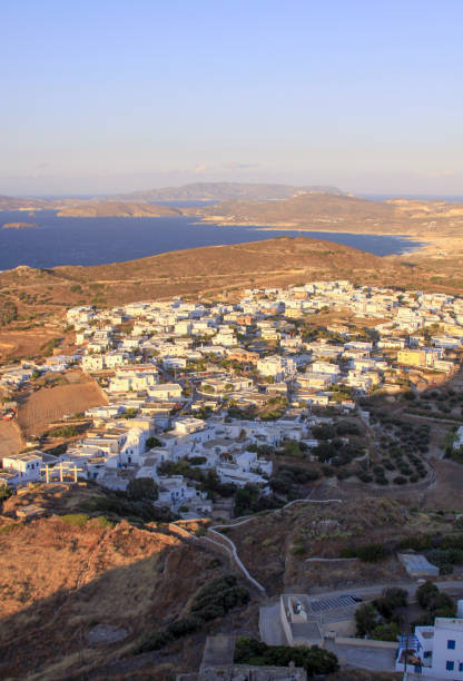 Trivosalos village seen from Plaka, Milos island stock photo