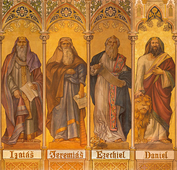 Trnava - neo-gothic fresco of prophets Isaiah, Jeremiah, Ezekiel, Daniel stock photo