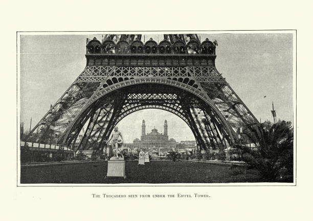 Trocadero from under the Eiffel Tower, Exposition Universelle, 1889, 19th Century Vintage photograph of Trocadero from under the Eiffel Tower, Exposition Universelle, 1889, 19th Century eiffel tower paris photos stock pictures, royalty-free photos & images
