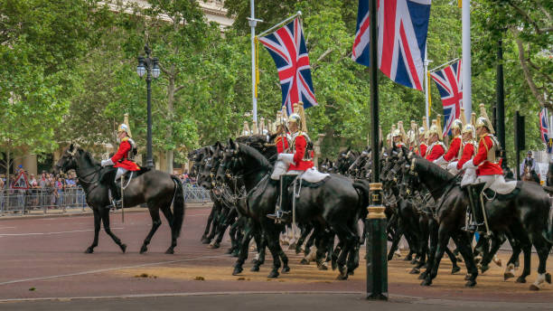 Trooping the colour in London, United Kingdom. A celebration of the Queen's birthday. The Colonel's Review (full dress-rehearsal, HRH The Duke of York present). Household Cavalry on the move