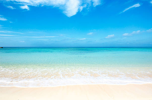 Tropical beach in Okinawa on a sunny day tropical beach in Okinawa prefecture horizon over water stock pictures, royalty-free photos & images