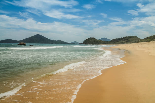 Tropical Brazilian Beach in a sunny day - Red Beach of the North - Ubatuba - SP stock photo