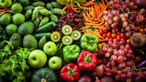열 대 신선한 과일과 야채 건강 한 라이프 스타일에 대 한 유기 배열 다른 야채를 먹고 건강 하 고 다이어트에 대 한 유기 - 신선함 뉴스 사진 이미지