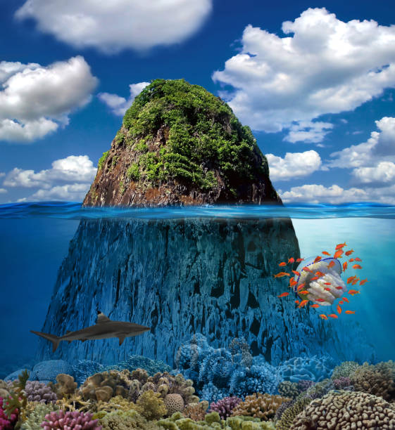 Tropical Island And Coral Reef Split View With Waterline stock photo