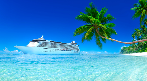 Our designed 3D rendered Cruise ship with blue Sky, Turquoise sea and white sand, green palm trees.