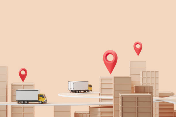 Truck and city buildings with location pin, courier. Copy space stock photo