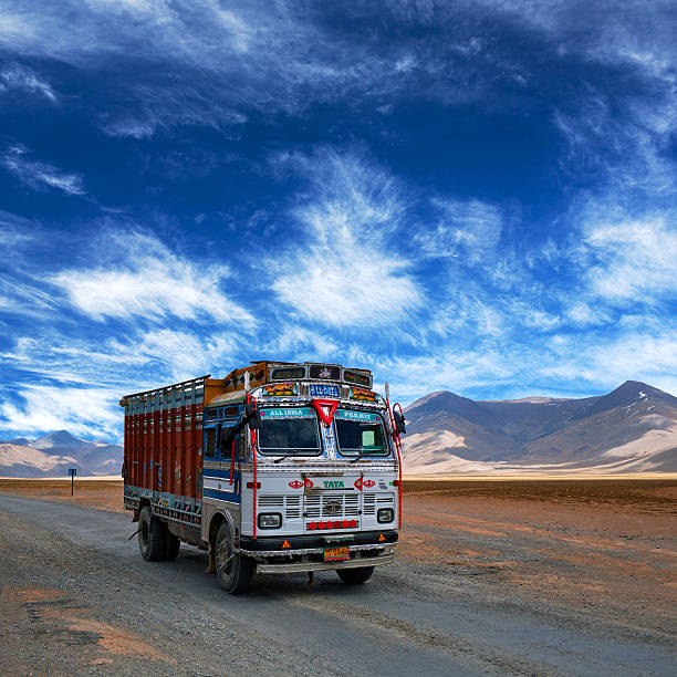 Truck driving on Manali - Leh National highway, India stock photo