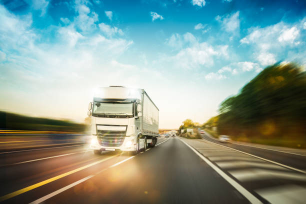 Truck driving on the M1 motorway in United Kingdom stock photo